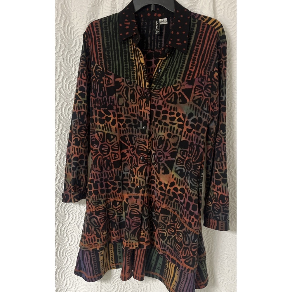 Art to Wear Winter Sun Tunic/Shirt Dress Sz Small Geo Pattern Pockets 94% Cotton
